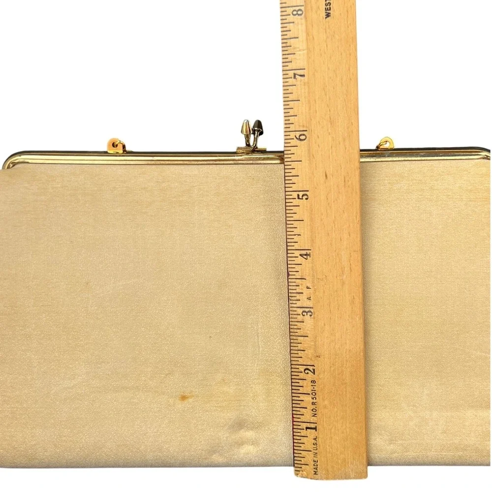 Vintage Style Clutch Champagne Satin Evening Bag Gold Chain Large